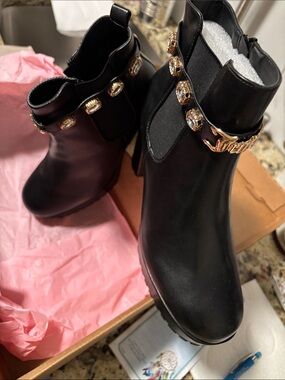 Black Women's Ankle Booties with Gold-Tone Jewel Chain Accent